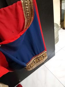 Red & Blue Saree with Golden Border