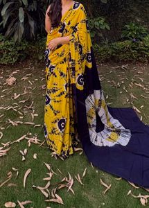 Yellow &amp; Navy Tie-Dye Saree