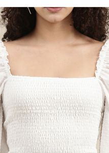 BERSHKA White Smocked Blouse with Puff Sleeves