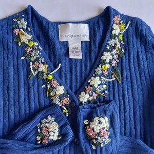 Blue Cardigan with Floral Embroidery&amp; Embel