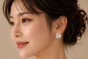 Crescent Moon &amp; Flower Stud Earrings