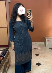 Teal Blue Rhinestone Work Kurti & Parallel Trouser