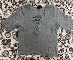 Grey Lace-Up Ribbed Top