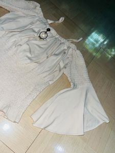 Off-Shoulder Smocked Cream Crop Top