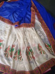 Elegant White &amp; Blue Saree with Embellishments