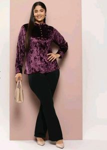 Ribose Velvet Crushed Buttoned Neck Top