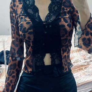 Leopard Print Lace Trim Mesh Top