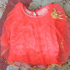 Kids Beautiful Coral Net Gown with Gold Trim