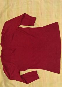 Classic Red Ribbed Knit Blouse with Buttoned V-Nec