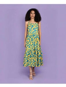 Yellow & Teal Abstract Print Midi Dress