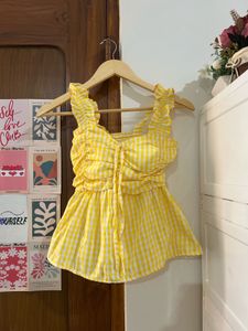 Cute Yellow Gingham Tie-Front Top