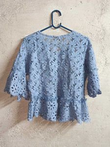 Blue Lace Bell Sleeve Top Sheer Cropped