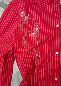 Red Striped Embroidered Button-Up Shirt