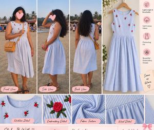 Light Blue Striped Embroidered Midi Dress