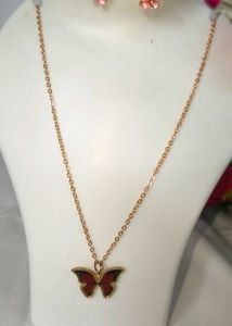 Cute Butterfly Metal Brown Necklace &amp; Earring Set