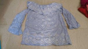 Blue Striped Off-Shoulder Eyelet Top