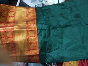 Green and Gold Saree with Red Border