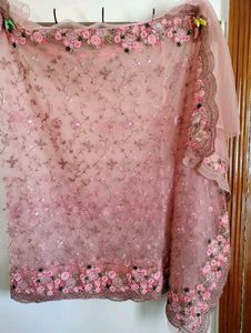 Pink Floral And Sequin Embroidered Designer Saree