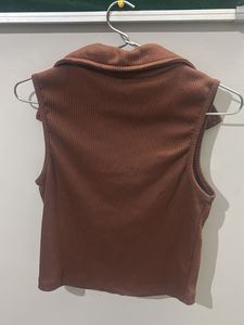 Brown Ribbed Collared Crop Top