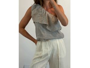 Zara Linen One Shoulder Top with Ruffle Detail