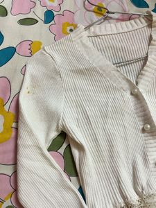 White Cropped Cardigan with Lace Trim