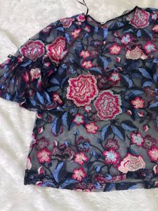 Zara Sheer Floral Embroidered Bell Sleeve Top