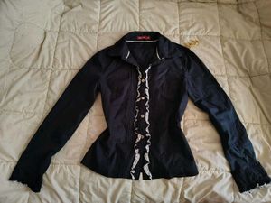 Elegant Black Ruffle Front Button-Up Shirt