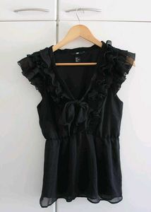 Chic Black Ruffled V-Neck Top