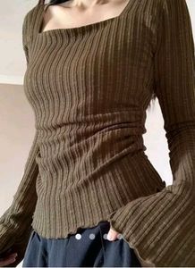 Brown Ribbed Square Neck Long Sleeve Top