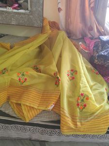 Yellow Embroidered Saree with blouse piece