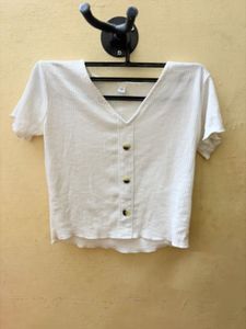Chic White Ribbed Button-Up Top