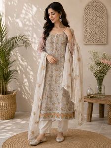 Beautiful Grey Floral Organza Kurta Set