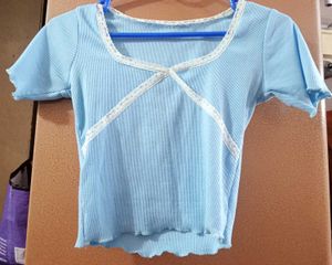 Light Blue Lace Trim Cropped Top