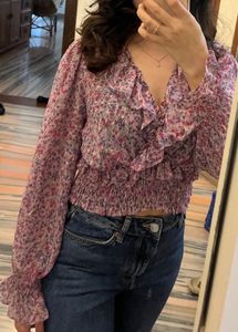 Sheer Floral Ruffle Crop Top