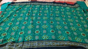 Teal Green Printed Bandhani Sari with blouse piece