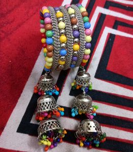Boho Multicolored Beaded Bangles with Jhumkas