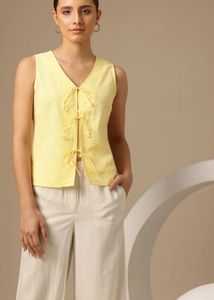 Chic Yellow V-Neck Sleeveless Tie-Up Top