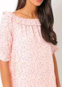 Peach Polka Dot Off-Shoulder Top with Puff Sleeves