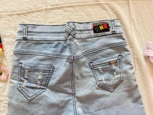 blue embroidered denim shorts
