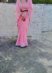 Elegant Pink Saree with Silver Border