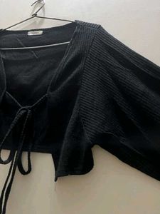 Black Ribbed Cropped Tie-Back Top