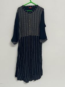 Navy Blue Striped Cotton Kurta