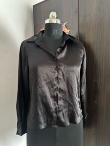 Sleek Black Satin Button-Up Shirt