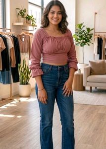 muted rose Pink Ruched Sleeve "crop"Top