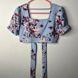 Blue Floral Square Neck Crop Top