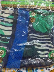 Blue Saree with Green Floral Print