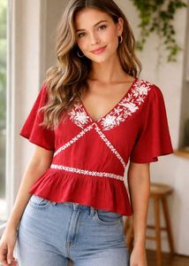 Red Embroidered Peplum Top Size-34
