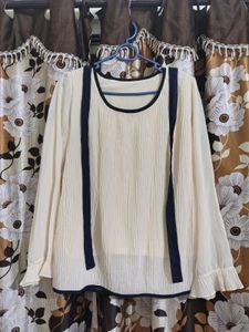 Cream Pleated Blouse with Navy Trim