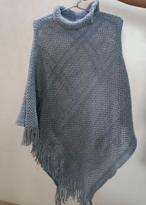 Grey Woollen Turtleneck Poncho | Winter Knit Cape