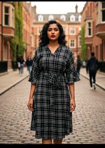 AND Branded Plaid Midi Dress with Tie Waist